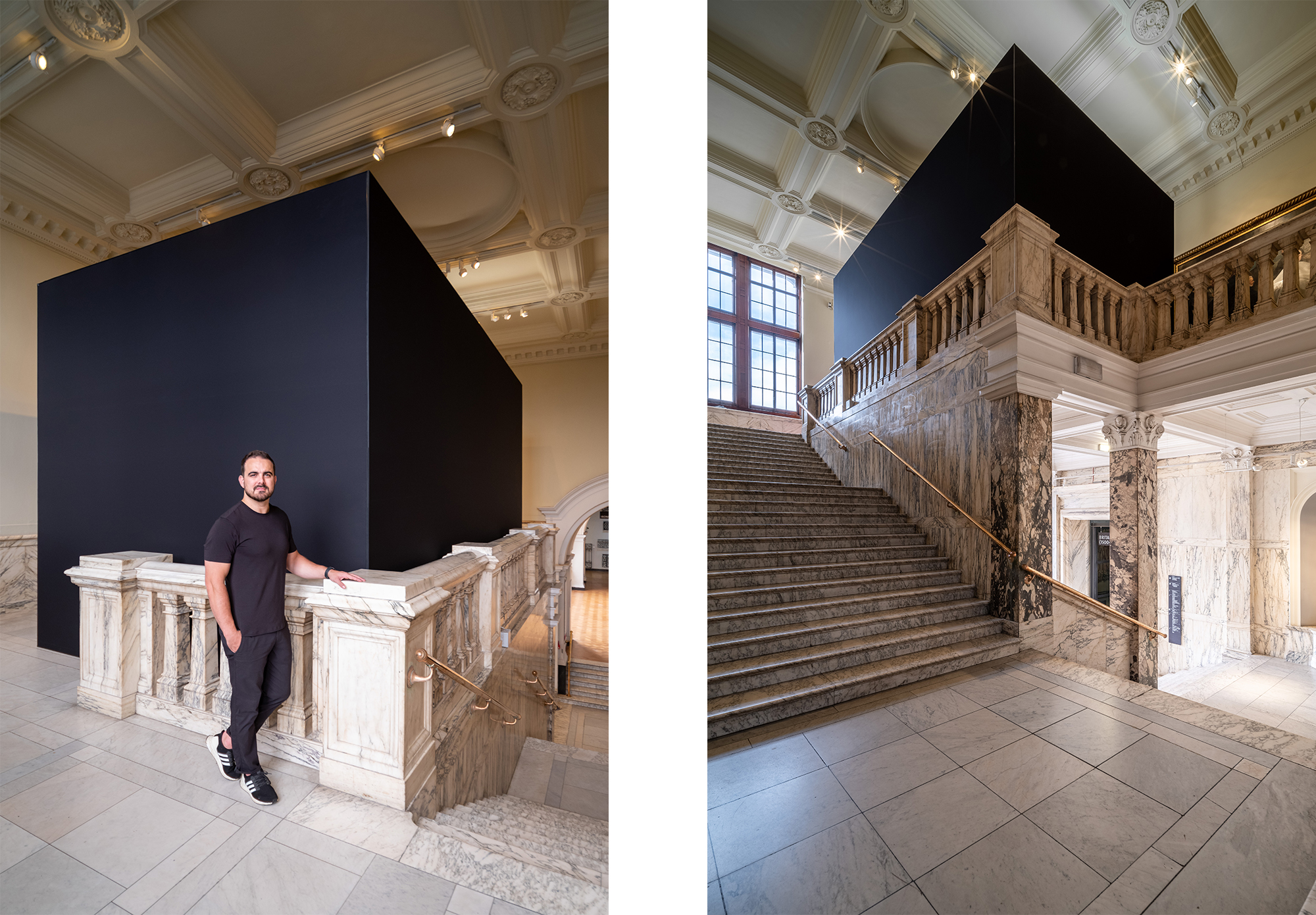 Outside AVALANCHE exhibition: a massive black cube in a Victorian hallway. 
