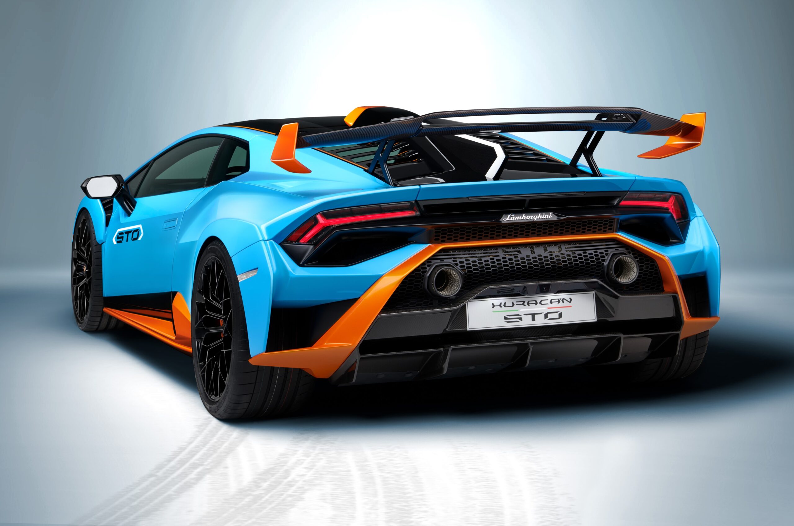huracan STO blue and orange Lamborghini sports car
