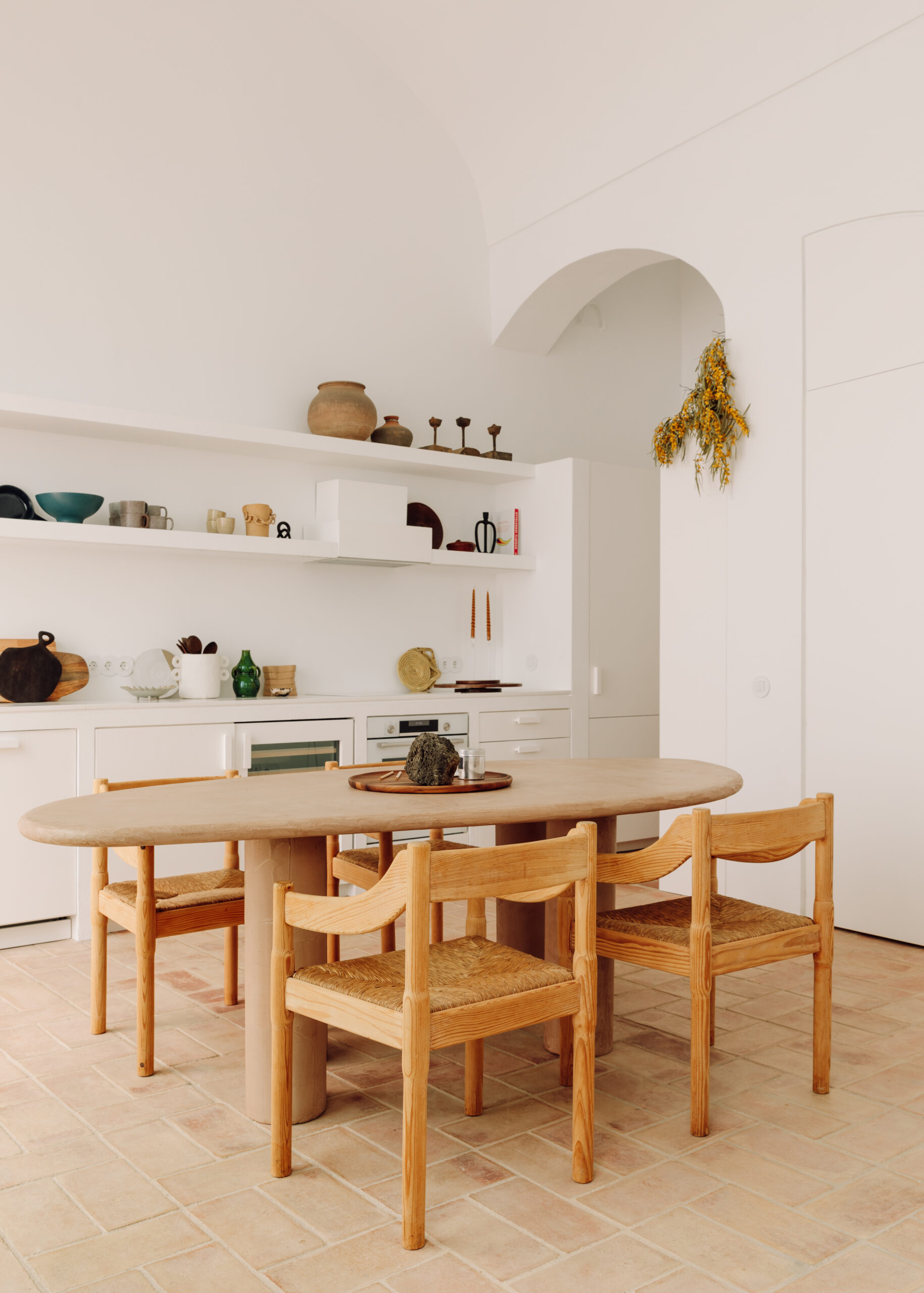 white room wooden table minimalist