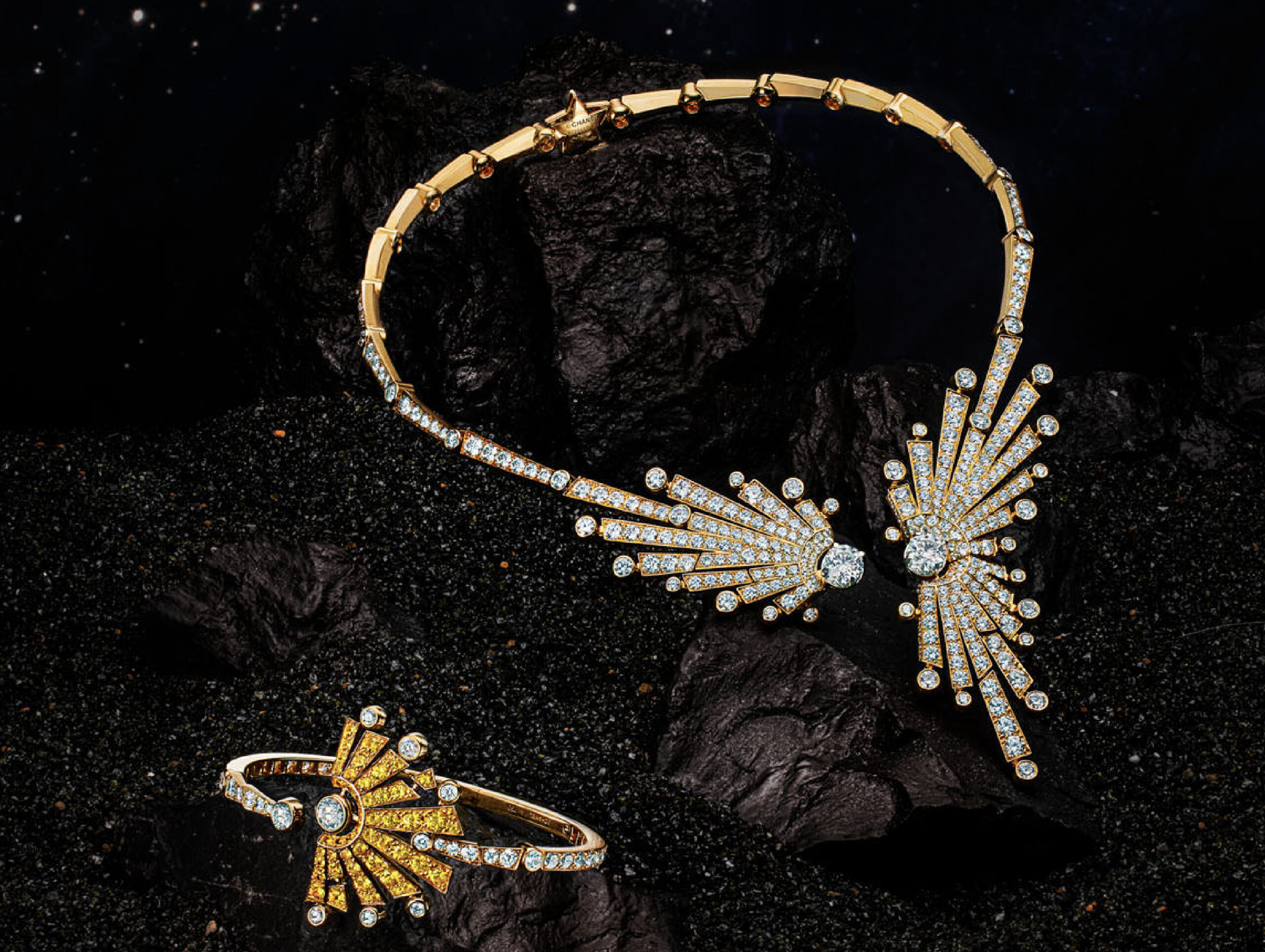 Chanel's 1932 Bijoux de Diamants collection laid on galaxy backdrop