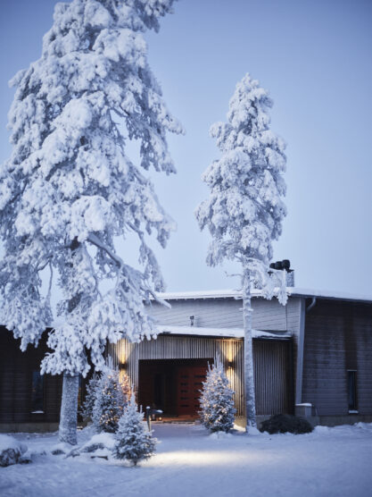 Exterior of building with trees with snow